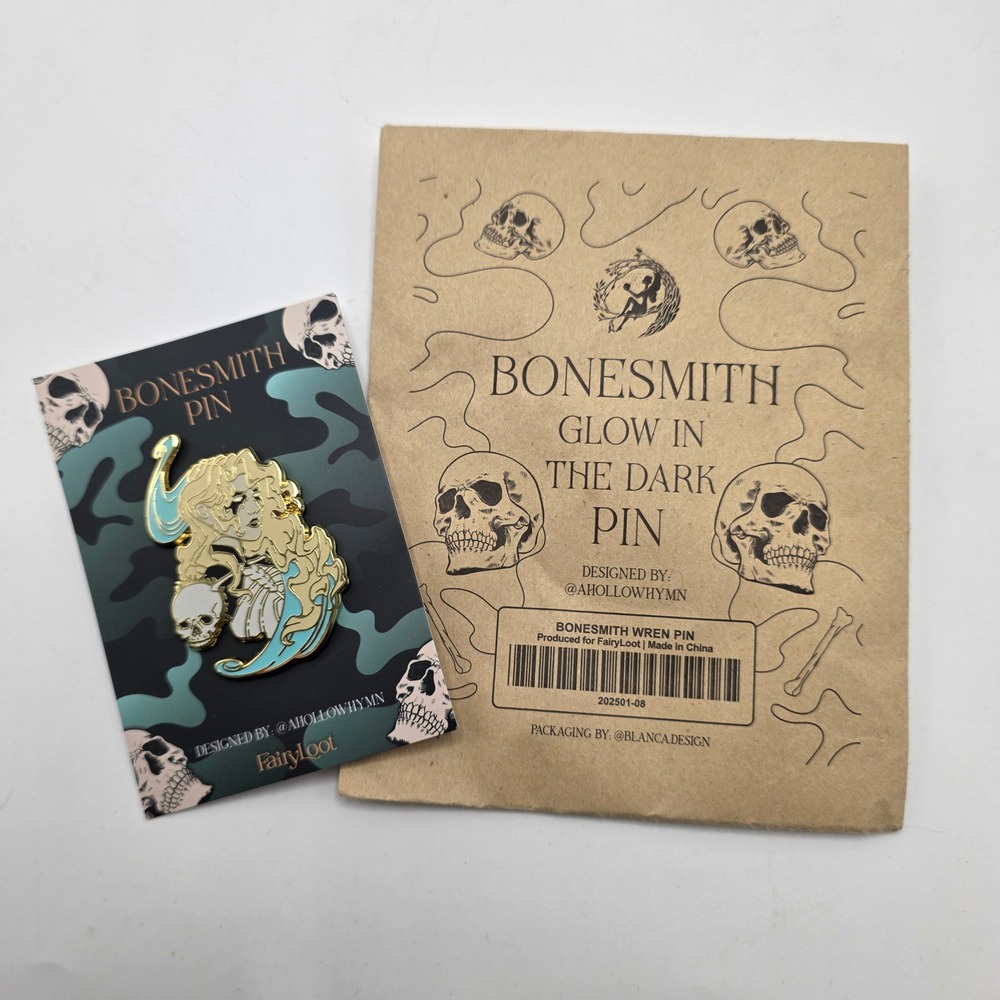 FairyLoot Bonesmith Wren Pin Glow Enamel Nicki Pau Preto Bookish Merch Fantasy